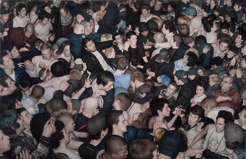 Dan Witz : http://exhibition-ism.com/post/19379329613/the-intricate-hyper-realistic-mosh-pit-paintings